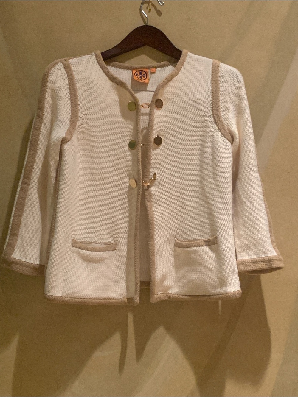 Tory Burch Cream Knit Jacket with Tan Trim